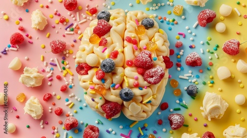 A brain shape made of butter with colorful toppings like sprinkles and berries, set against a vibrant background, style raw