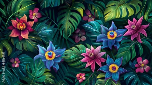 A bold, vibrant tropical foliage pattern with intricate details of philodendron leaves and passion flowers, perfect for seamless wallpaper photo