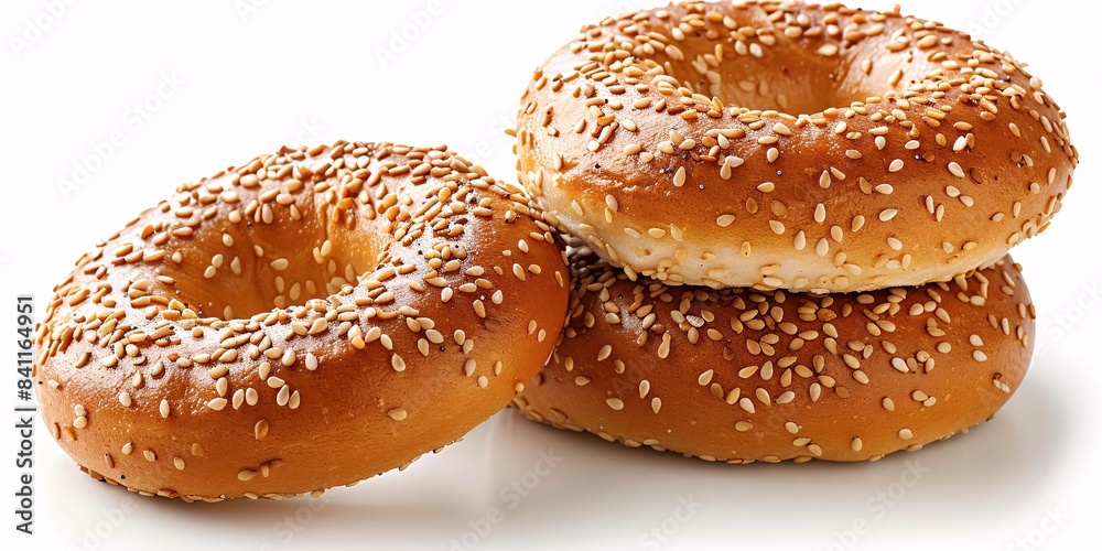 A trio of sesame bagels presented on a blank canvas showcases a delectable treat from the bakery.