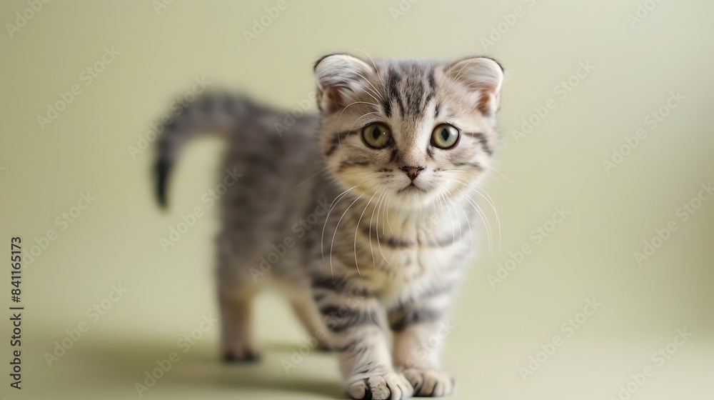 Naklejka premium Cute Scottish Fold Kitten Standing on Pastel Yellow Background