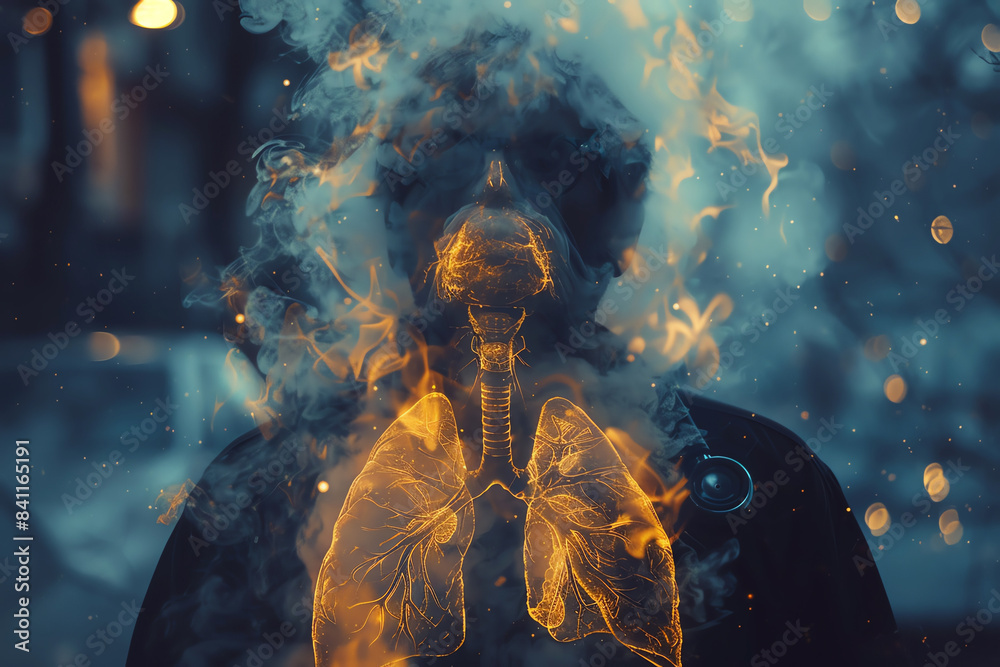 Obraz premium Abstract image of a person with smoke and a glowing lung overlay.