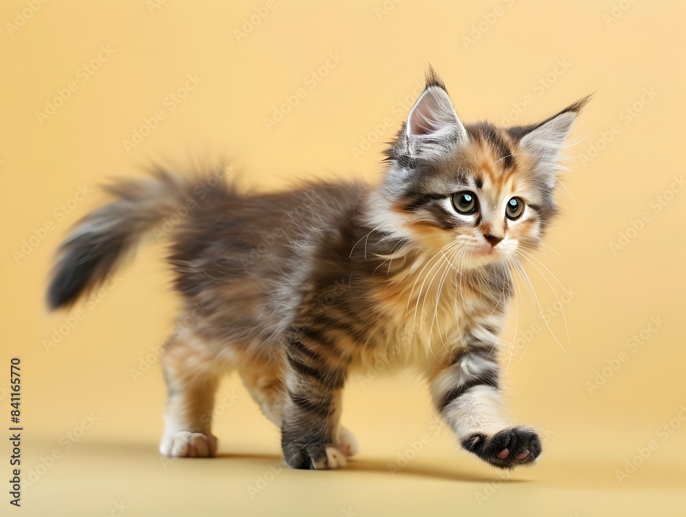 Adorable Munchkin Kitten Exploring a Clean Pastel Yellow Background