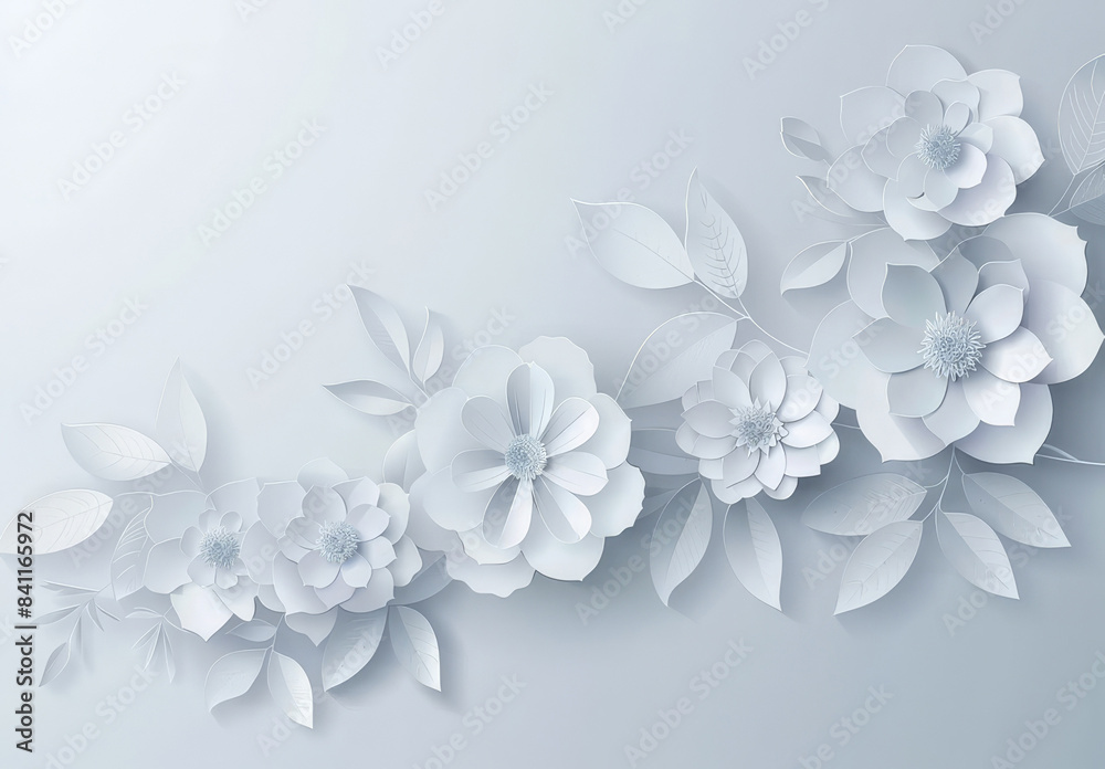 Minimalist white paper flowers and leaves on serene background Minimalist white paper flowers and leaves on serene background