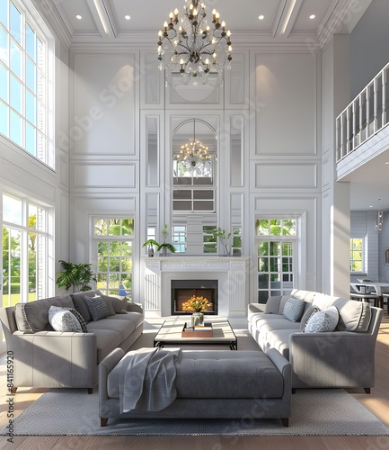 high-ceiling living room with grey couches and white fireplace in a large two-story modern home photo