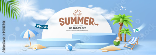 Summer sale, three blue podium display, coconut trees, pile of sand, beach umbrella, beach chair and beach ball, banner design, on cloud and sky blue background, EPS 10 vector illustration
