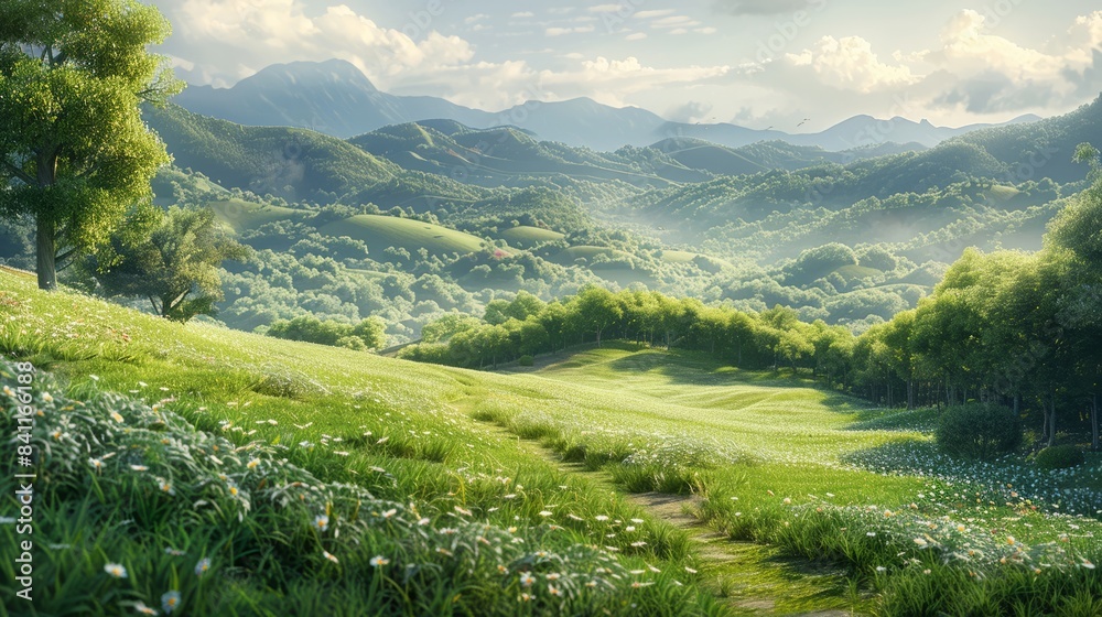Fototapeta premium Beautiful green meadow with mountains in the background