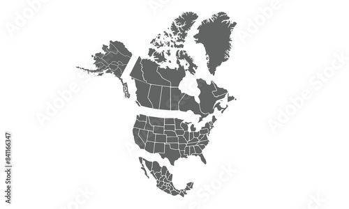 Map of North America isolated on white background. for website layouts, reports, annual infographics, world,travel around the world, map silhouette backdrop.