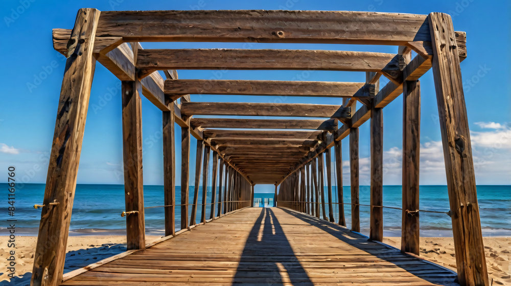 Wooden bridge over the beach with blue water. Wooden bridge over the beach with blue water.