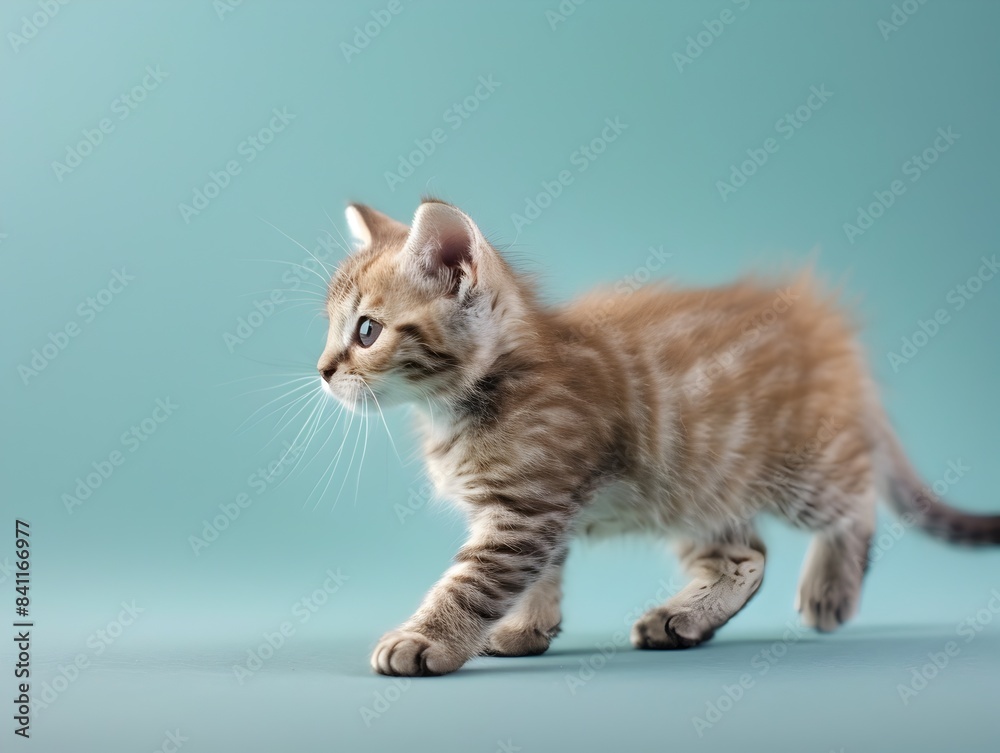 A Charming American Shorthair Kitten Walking on a Pastel Blue Background A Charming American Shorthair Kitten Walking on a Pastel Blue Background