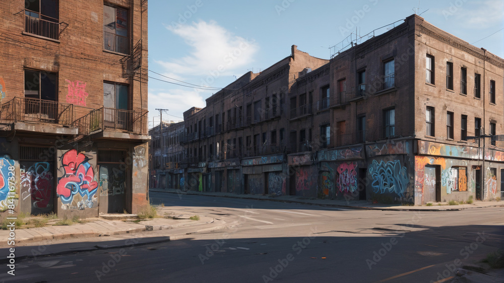 Ghost Town: War-Torn Buildings with Graffiti-Covered Walls and Empty Streets, Generative AI Ghost Town: War-Torn Buildings with Graffiti-Covered Walls and Empty Streets, Generative AI