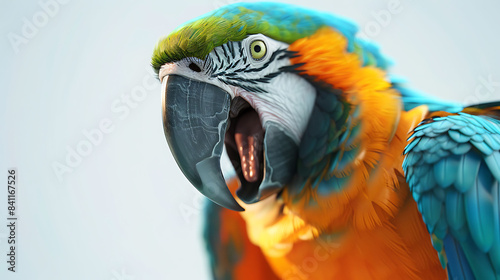 A colorful macaw parrot with a large beak, perched on a branch and squawking on a clean white backdrop. photo