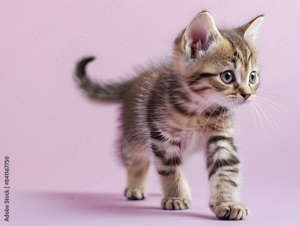 Adorable Munchkin Kitten Exploring Pastel Lavender Background in Studio Setting