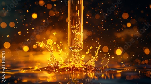 A single test tube dripping golden yellow fluid, causing bright and energetic splashes against a dark background