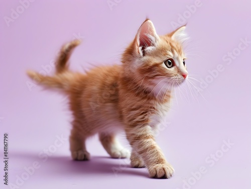 Munchkin Kitten Walking on Pastel Lavender Background