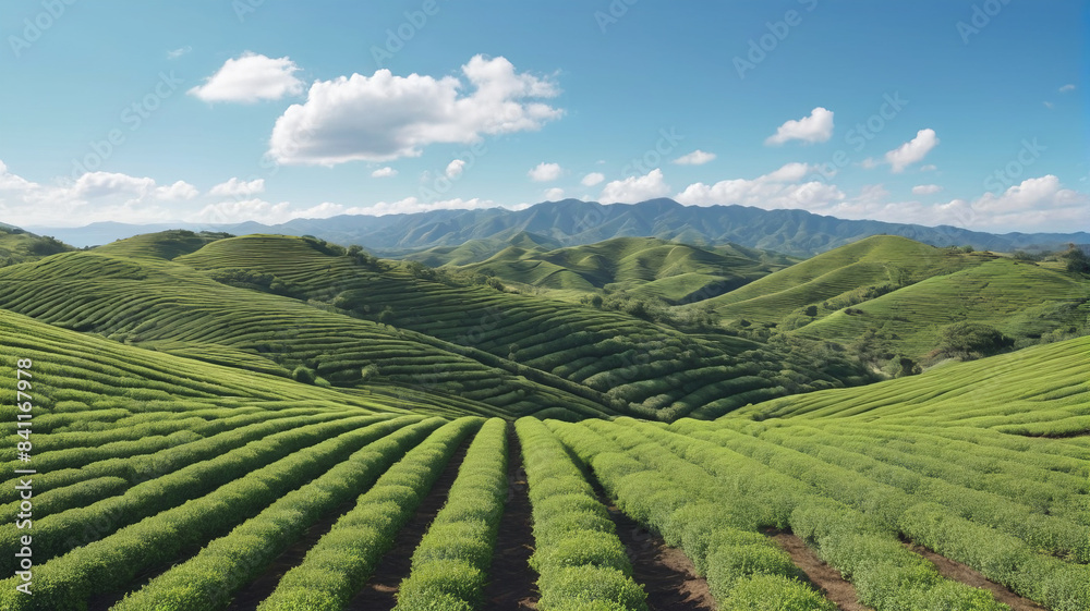 Lush Tea Plantation: Rolling Hills of Green Tea Bushes Under a Blue Sky, Generative AI Lush Tea Plantation: Rolling Hills of Green Tea Bushes Under a Blue Sky, Generative AI