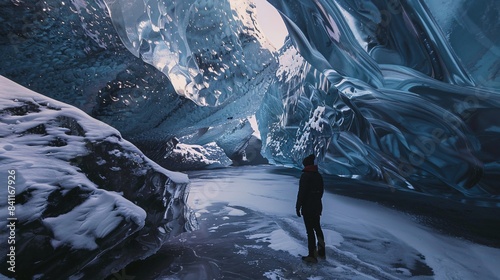 Mystical ice grottoes naturally created in Iceland near Jokursalon glacier lagoon, only accessible during the winter season. photo