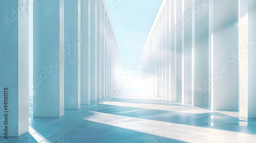 Beautiful airy widescreen minimalistic white and light blue architectural background banner with tilted columns
