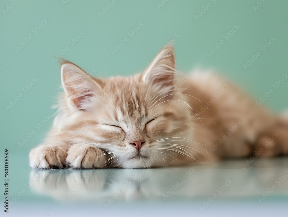 Fototapeta premium Cute Sleeping Ragdoll Kitten on Pastel Green Background
