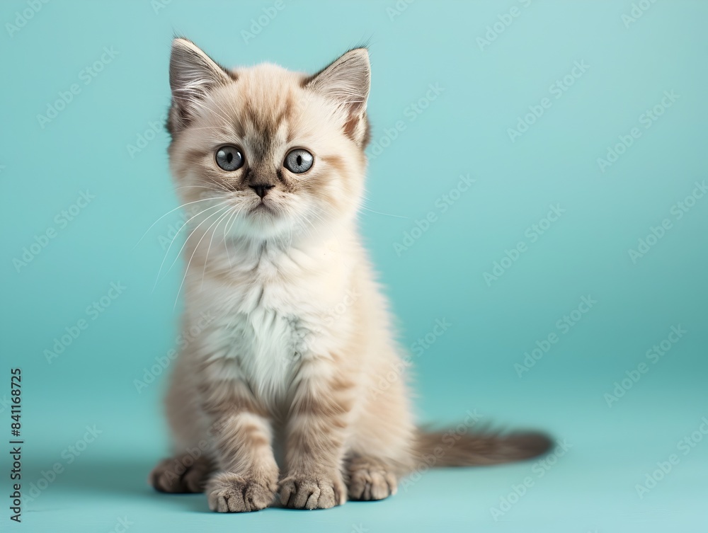 Cute Exotic Shorthair Kitten Sitting on Pastel Blue Background Cute Exotic Shorthair Kitten Sitting on Pastel Blue Background