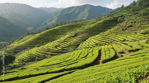 Scenic Tea Estate: Neatly Terraced Fields Stretching Across Hills, Generative AI