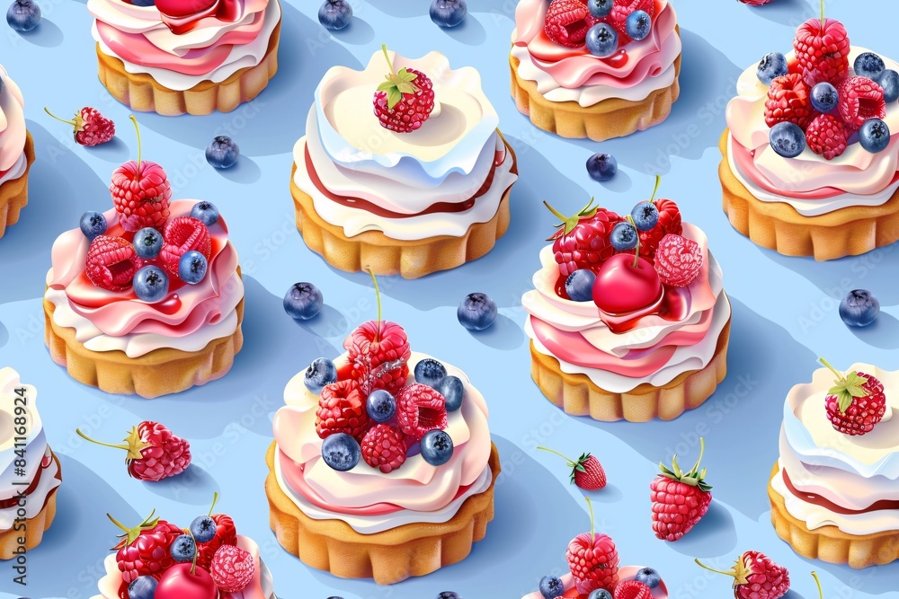 A seamless design featuring various cakes with fruit and custard on a blue background, ideal for bakery menus and prints. A seamless design featuring various cakes with fruit and custard on a blue background, ideal for bakery menus and prints.