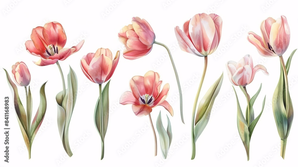 Collection of twig vernal tulip blossoms on a white background. Collection of twig vernal tulip blossoms on a white background.