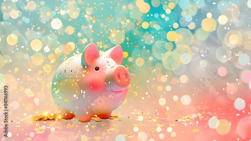 An overflowing piggy bank filled with glimmering coins, symbolizing financial prosperity, set against a backdrop of soft pastel colors and a whimsical pattern.