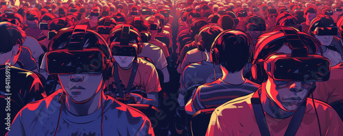 A group of people wearing virtual reality goggles. The image is a cartoonish representation of a crowded train or bus photo