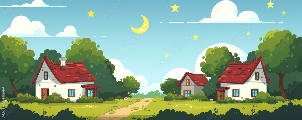A peaceful countryside scene with two red houses and a path leading to them. The sky is clear and the sun is setting, creating a warm and inviting atmosphere A peaceful countryside scene with two red houses and a path leading to them. The sky is clear and the sun is setting, creating a warm and inviting atmosphere