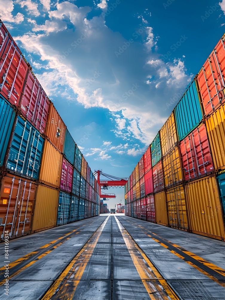 Fototapeta premium Stacked Cargo Containers at Scenic Shipping Port with Blue Sky Background