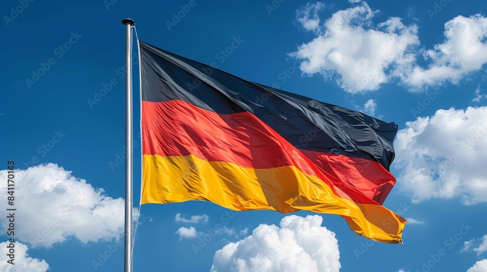 German flag flying against a backdrop of clear blue sky. German flag flying against a backdrop of clear blue sky.