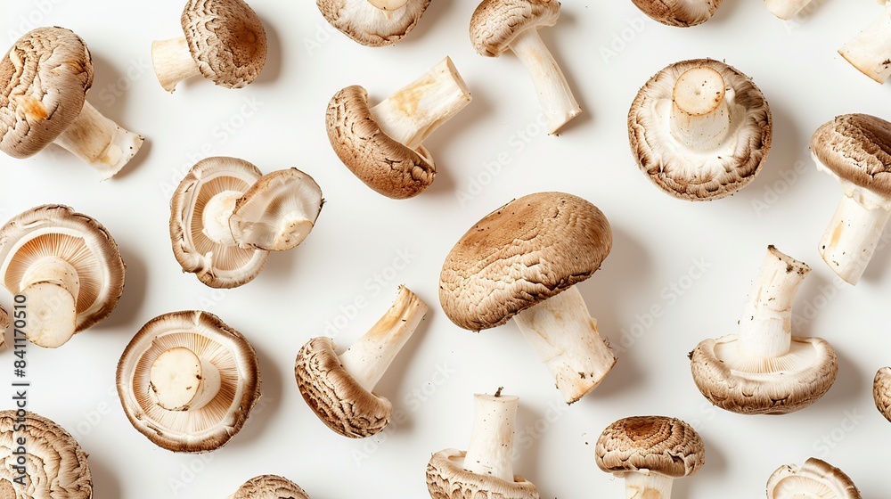 Matsutake mushroom full of pine scent on white background, flat lay view. Generative Ai Matsutake mushroom full of pine scent on white background, flat lay view. Generative Ai