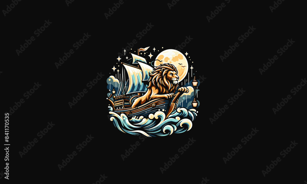 Fototapeta premium lion on ship night moon vector artwork design