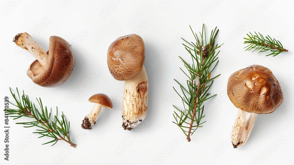 Matsutake mushroom full of pine scent on white background, flat lay view. Generative Ai Matsutake mushroom full of pine scent on white background, flat lay view. Generative Ai