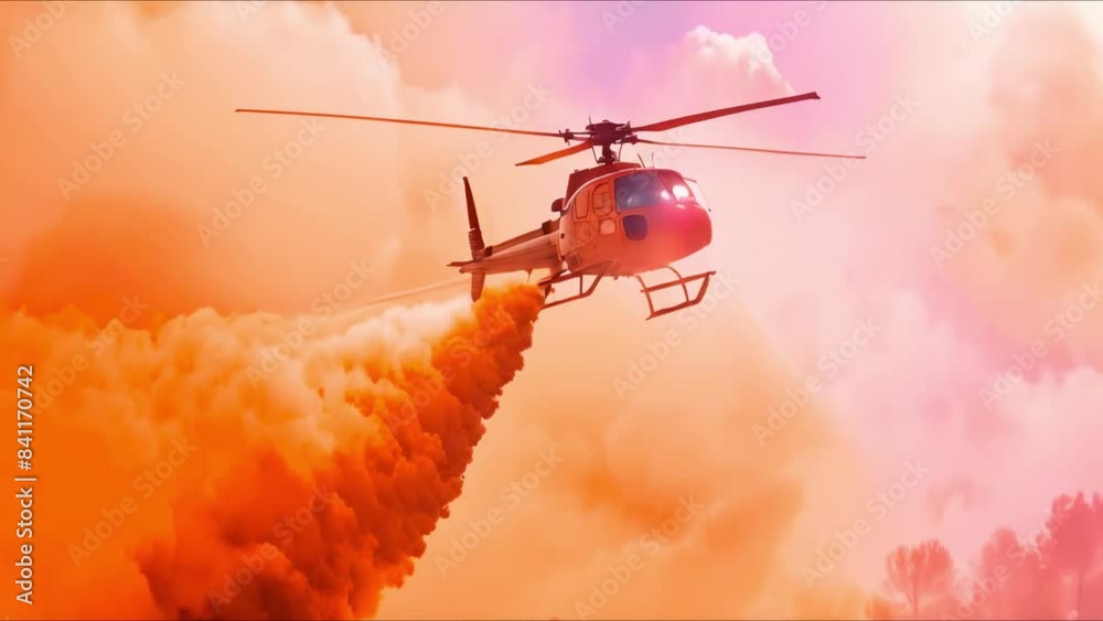Helicóptero combatiendo un incendio en una zona boscosa. Concept Aviación de emergencia, Incendios forestales, Rescate aéreo, Helicóptero de combate, Gestión de desastres,