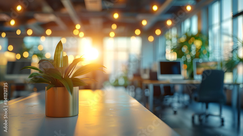 Beautiful blurred background of a light modern office interior with and beautiful lighting