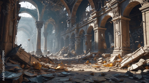 Pillaging Plunder: Raiders Looting Treasures Amidst Shattered Halls and Torn Banners, Generative AI photo