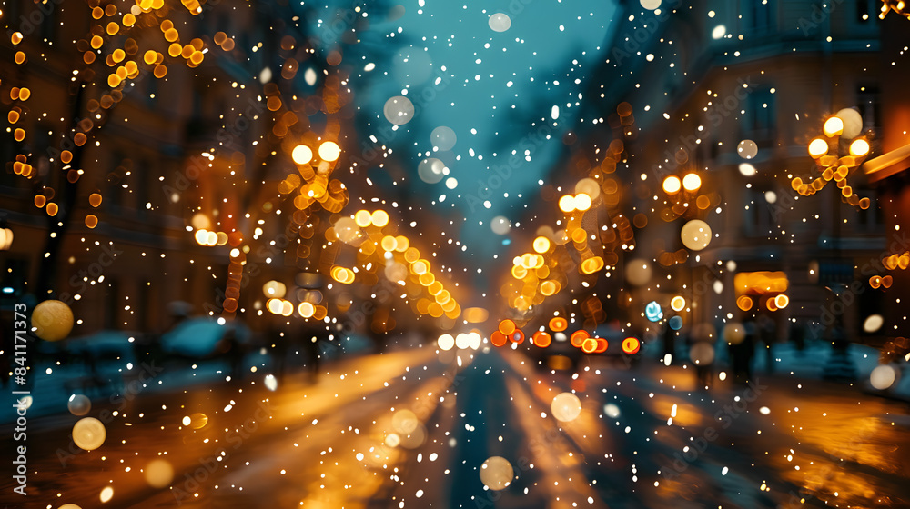 Naklejka premium Beautiful blurred street of festive night or evening city with snowfall and Christmas lights. Abstract christmas defocused background