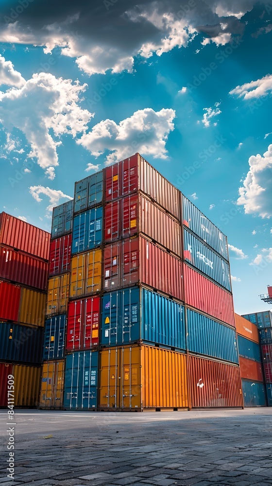Stacked Shipping Containers at the Port Under Dramatic Cloudy Sky Stacked Shipping Containers at the Port Under Dramatic Cloudy Sky