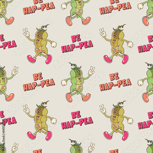 vintage pea retro cartoon character seamless pattern