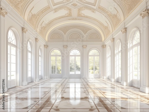 A grand  sunlit hall with high  ornate ceilings  large arched windows  and a polished marble floor