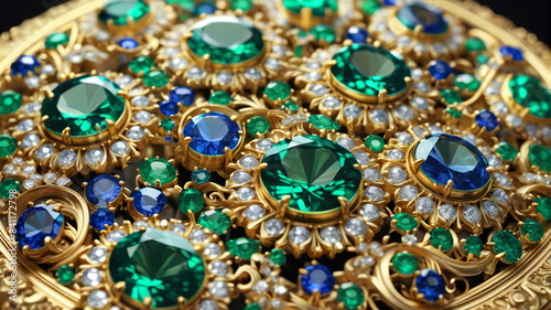 Royal Gems: Gleaming Sapphires and Emeralds Set in Golden Settings, Generative AI