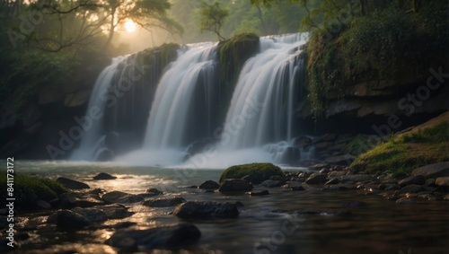 MotionBlurred Waterfall Veil Unfurls Under Twilights Calm.