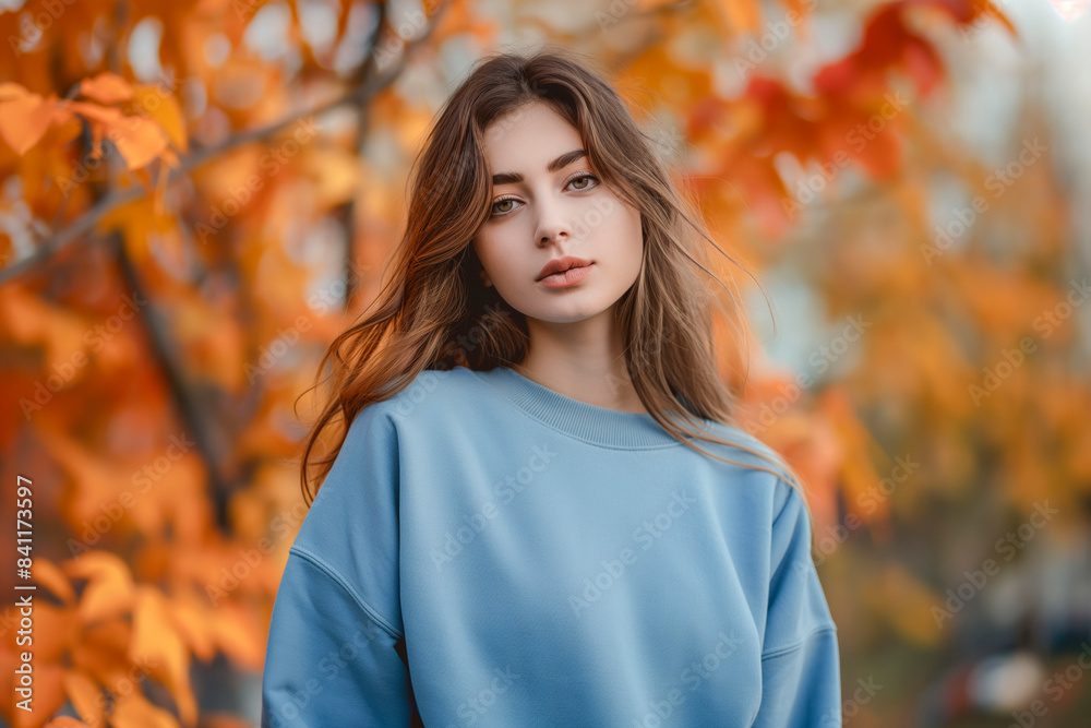 Portrait of a young woman wearing a crewneck blue mockup sweatshirt with fall colors and themed background for autumn season female fashion Portrait of a young woman wearing a crewneck blue mockup sweatshirt with fall colors and themed background for autumn season female fashion