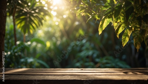 Sunlight Filtering Through Tropical Foliage Surrounding a Rustic Wooden Table.