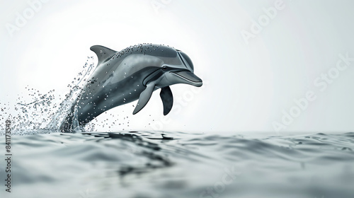 A curious dolphin leaping out of water  droplets glistening in the air  on a clean white background.