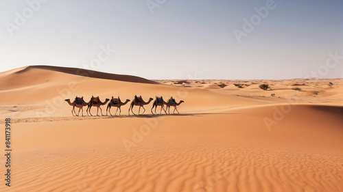 Arid Expedition  Caravans of Camels Trekking Through Barren Dunes  Generative AI