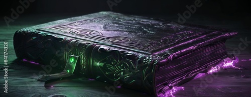 Side view of a bewitched book with enchanting green and purple magic glows in the darkness, detailed leather cover with ancient symbols, photorealistic digital art, Halloween theme
