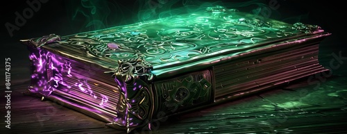Side view of a bewitched book with enchanting green and purple magic glows in the darkness, detailed leather cover with ancient symbols, photorealistic digital art, Halloween theme