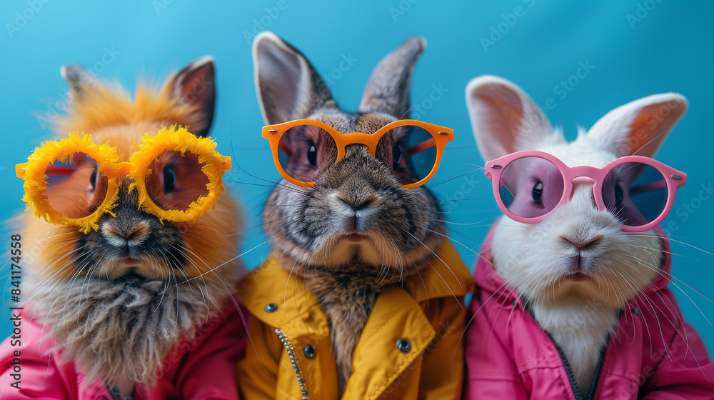 Three Bunnies Wearing Sunglasses and Jackets Against a Blue Background Three Bunnies Wearing Sunglasses and Jackets Against a Blue Background